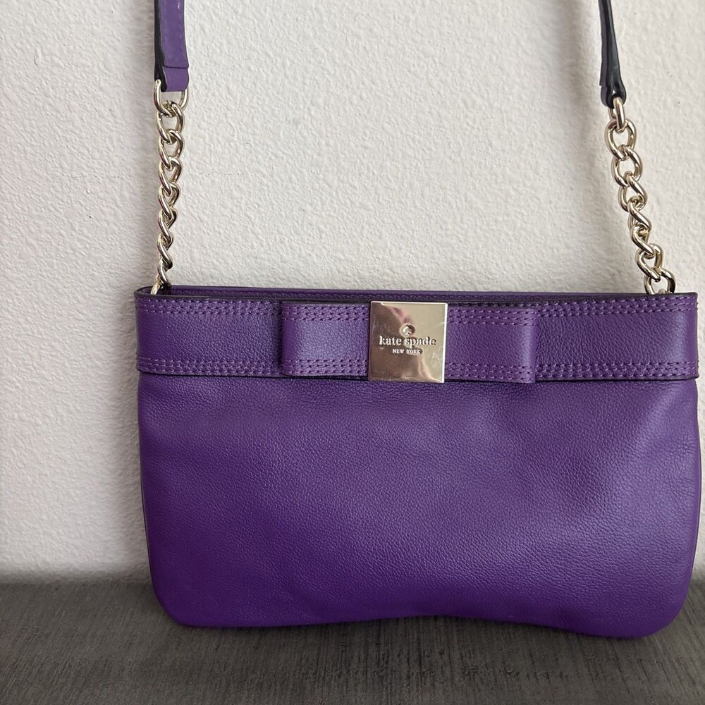 Kate Spade New York Purple Leather Bow Crossbody Bag Gold Chain Polka Dot - Picture 2 of 12